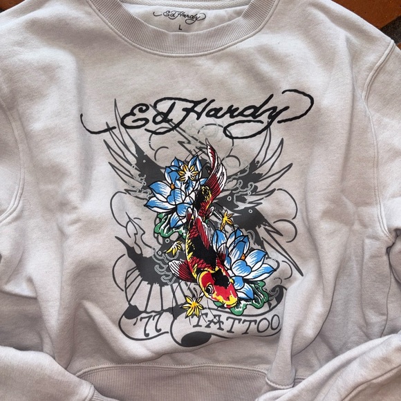 Ed Hardy Cropped Gray Graphic Tattoos Pullover Sweatshirt Size L - Picture 2 of 4